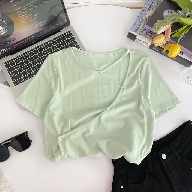 Mock Two-Piece Short-Sleeve Plain Asymmetrical Cutout Tee