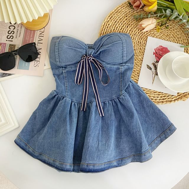 Bow Peplum Washed Denim Tube Top