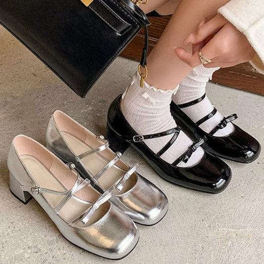Strappy Bow Chunky Heel Mary Jane Pumps