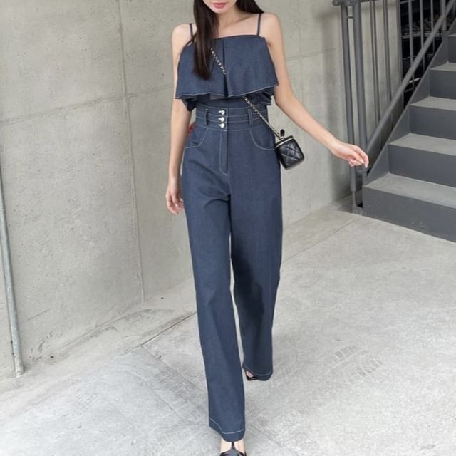 Short-Sleeve Cold-Shoulder Ruffle Trim Blouse / High Rise Wide Leg Pants