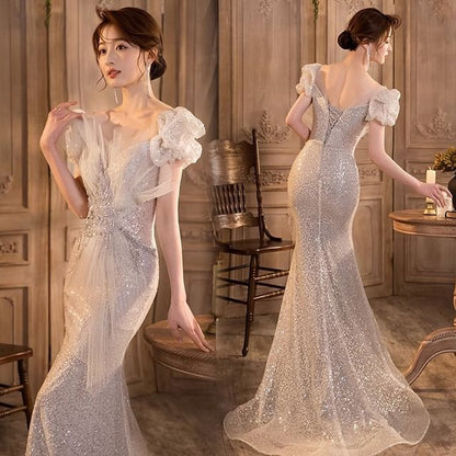 Mermaid Evening Sequin Mesh V-Neck Panel Gown Puff-Sleeve