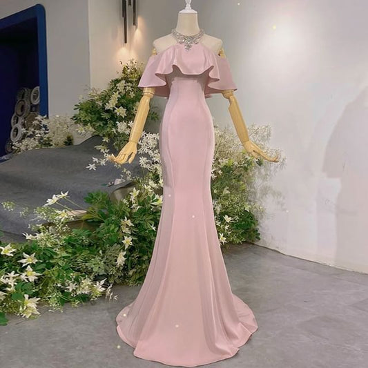 Short-Sleeve Mermaid Evening Shoulder Halter Neck Accent Rhinestone Cold Plain Gown