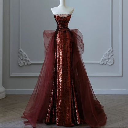 Strapless Sequin Mesh Panel Floral Rhinestone Accent Trained Mermaid Evening Gown