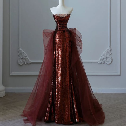 Strapless Sequin Mesh Panel Floral Rhinestone Accent Trained Mermaid Evening Gown