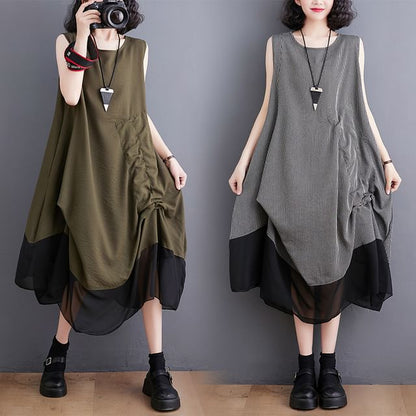 Sleeveless Round Neck Panel Drawstring Midi A-Line Dress