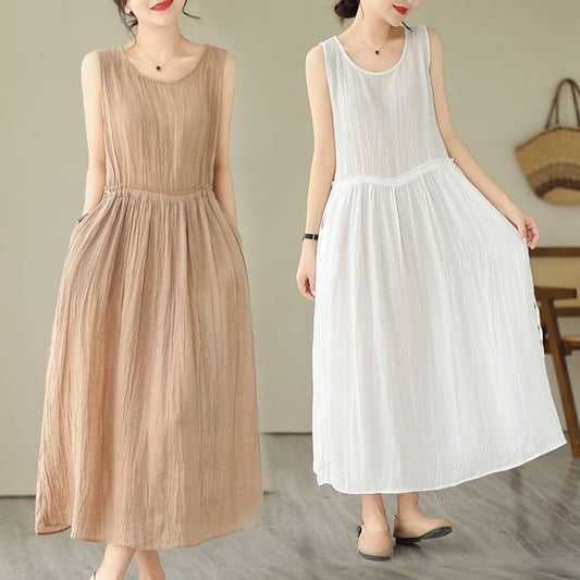 Sleeveless Round Neck Plain Drawstring Waist Maxi A-Line Dress