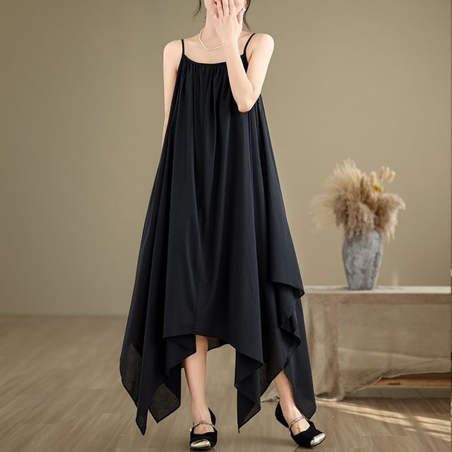 Spaghetti Strap Plain Asymmetrical A-Line Dress