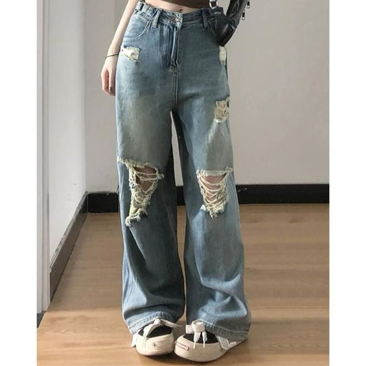 Mid Rise Ripped Washed Loose Fit Jeans