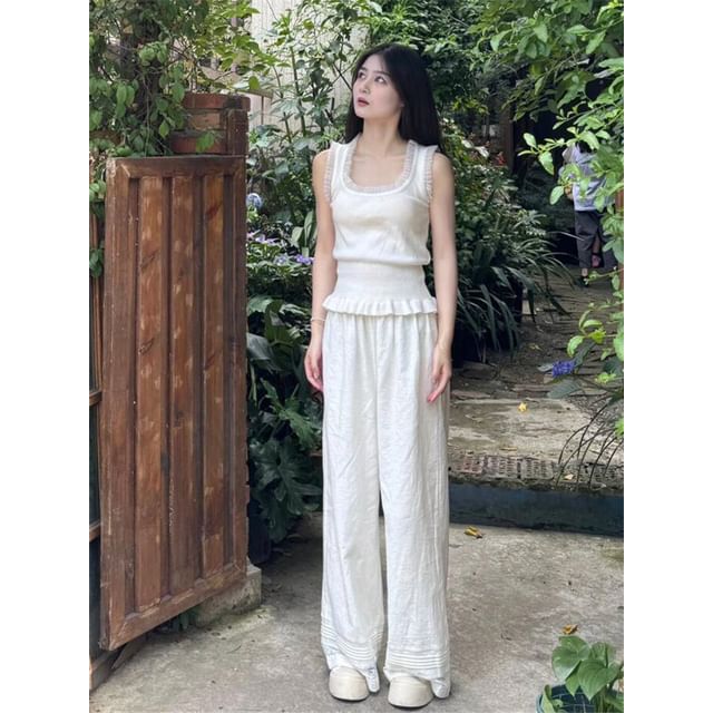 Mid Rise Plain Lace Panel Wide Leg Pants