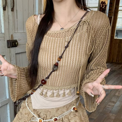 Plain Tassel Detail Cropped Sweater / Cami Top / Mid Rise Distressed Asymmetrical Mini A-Line Skirt / Beaded Waist Chain