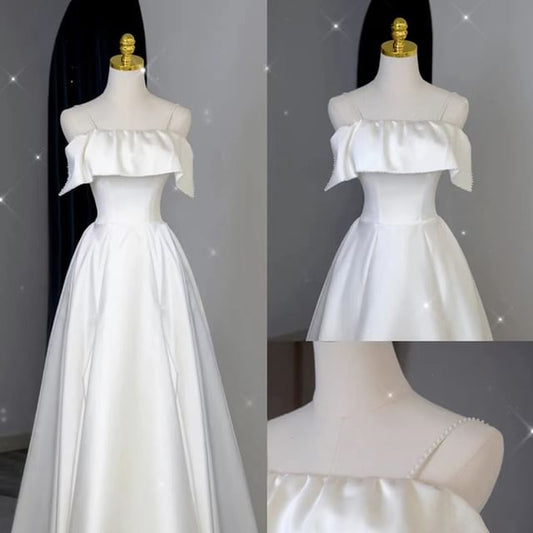 Strap Wedding Ruffle A-Line Spaghetti Plain Gown