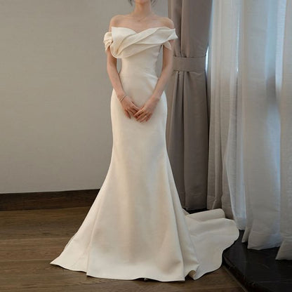 Off Shoulder Trained Trumpet Wedding Gown