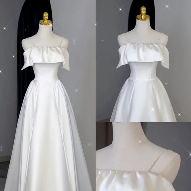 Strap Wedding Ruffle A-Line Spaghetti Plain Gown