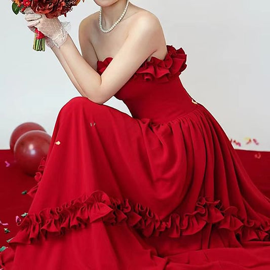 Plain Frill A-Line Evening Gown Strapless Trim