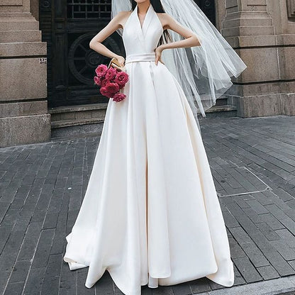 Sleeveless V-Neck Plain A-Line Wedding Gown