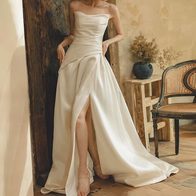 Wedding Gown A-Line Strapless Slit Hem