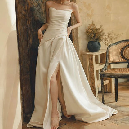 Wedding Gown A-Line Strapless Slit Hem