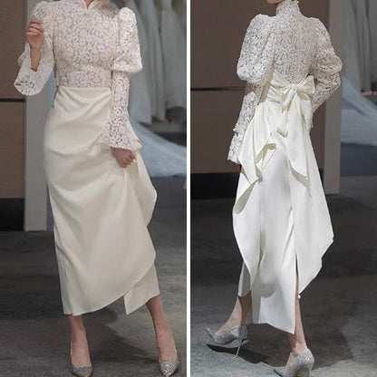 Gown Long-Sleeve Asymmetrical Sheath Evening Lace