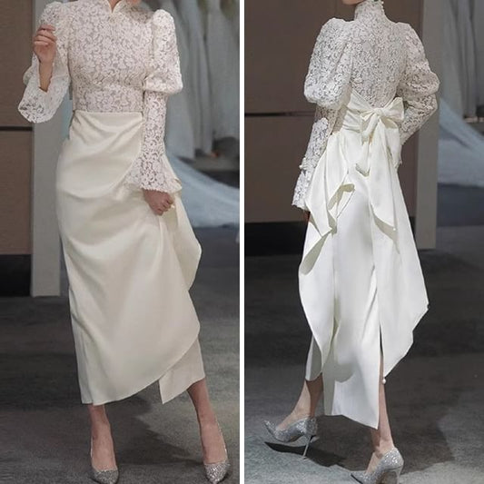 Gown Long-Sleeve Asymmetrical Sheath Evening Lace