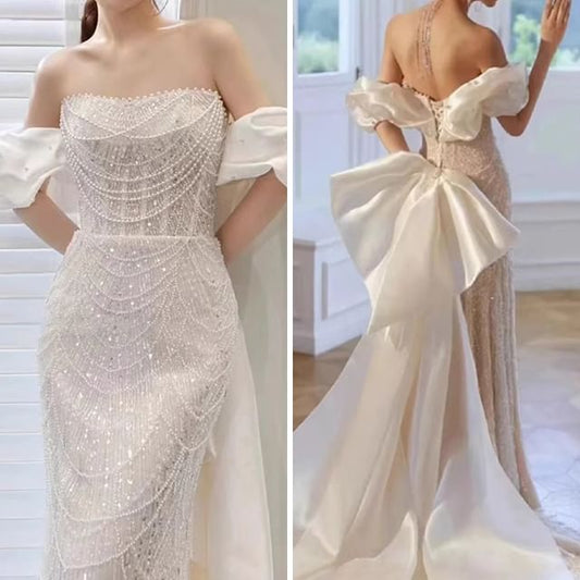 Off A-Line Trained Lace Evening Shoulder Gown