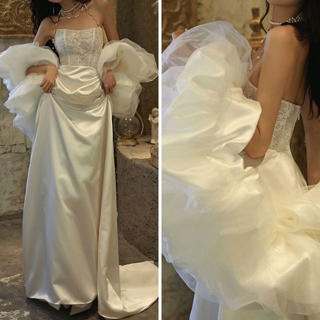 A-Line Trained Halter Neck Gown Evening Lace