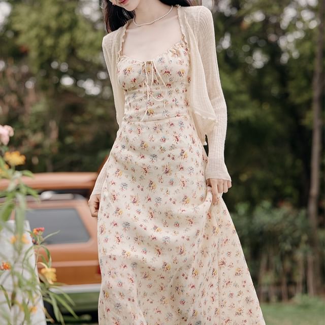 Plain Cardigan / Spaghetti Strap Floral Maxi Sundress / Set