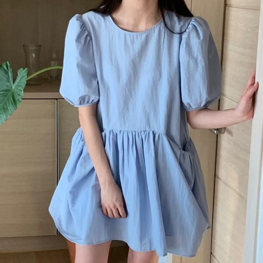 Short-Sleeve Crew Neck Plain Mini A-Line Dress