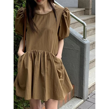 Short-Sleeve Crew Neck Plain Mini A-Line Dress