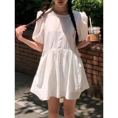 Short-Sleeve Crew Neck Plain Mini A-Line Dress