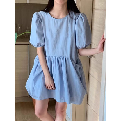 Short-Sleeve Crew Neck Plain Mini A-Line Dress