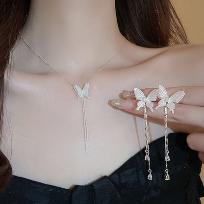 Butterfly Rhinestone Alloy Choker / Dangle Earring