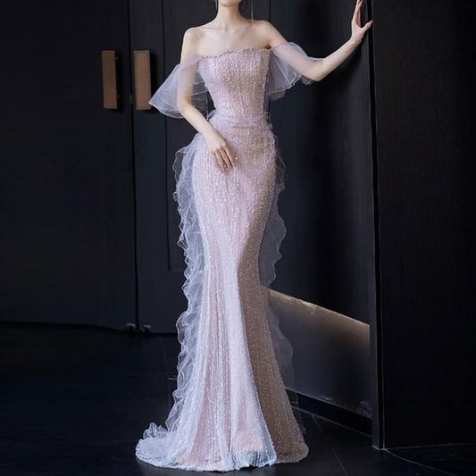 Evening Mermaid Gown Shoulder Off Ruffle Trim