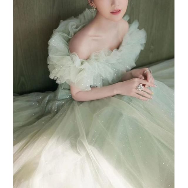 A-Line Off Ruffle Shoulder Trim Gown Evening