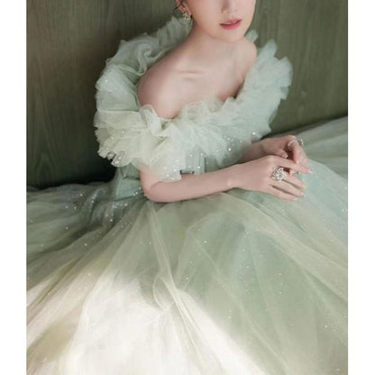 A-Line Off Ruffle Shoulder Trim Gown Evening