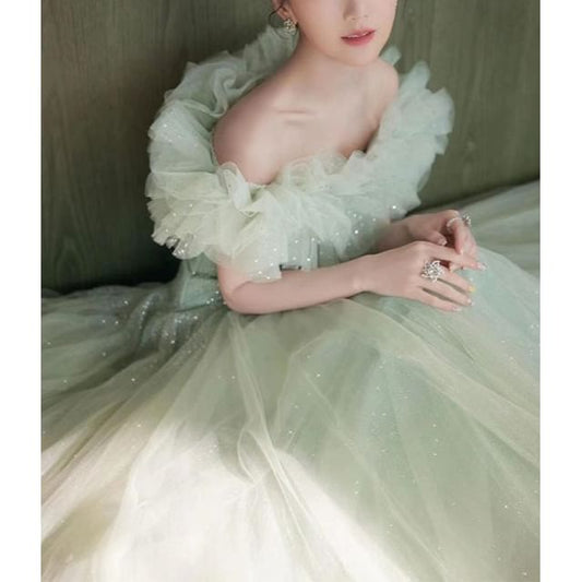 A-Line Off Ruffle Shoulder Trim Gown Evening