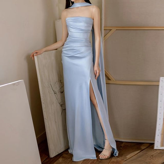 Sheath Plain Ruched Side-Slit Panel Gown Evening Mesh Sleeveless