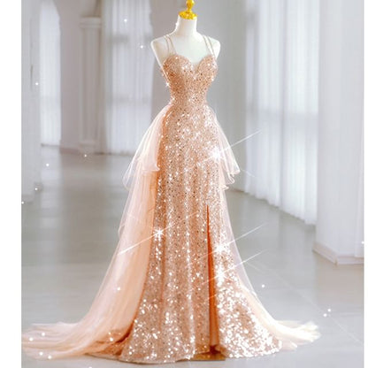 Spaghetti Strap Gown Mesh (Various Evening A-Line Designs) Sequin Panel