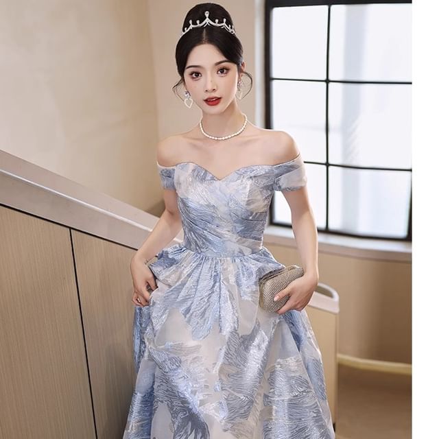 Short-Sleeve Off Shoulder Ruched Jacquard A-Line Evening Gown