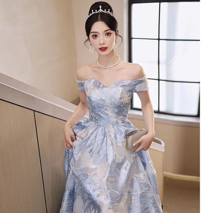 Short-Sleeve Off Shoulder Ruched Jacquard A-Line Evening Gown