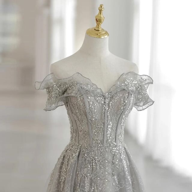 A-Line Shoulder Gown Sequin Mesh Evening Off Short-Sleeve