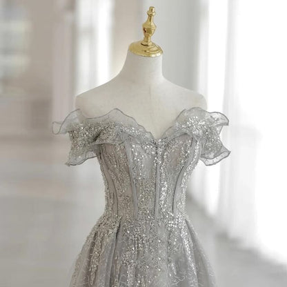 A-Line Shoulder Gown Sequin Mesh Evening Off Short-Sleeve