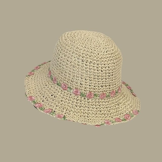 Straw Embroidered Hat Floral Sun