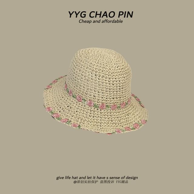 Straw Embroidered Hat Floral Sun