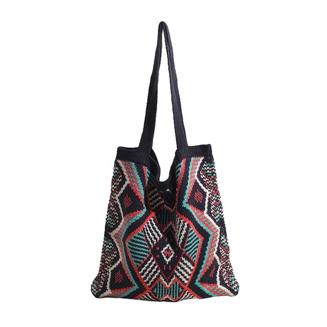 Geometric Patterned Knit Tote Bag