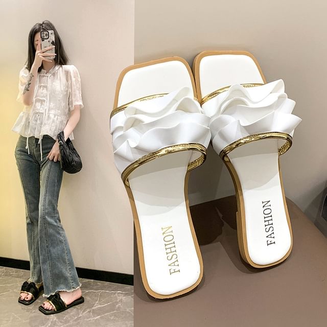 Square Slide Sandals Toe Ruffle