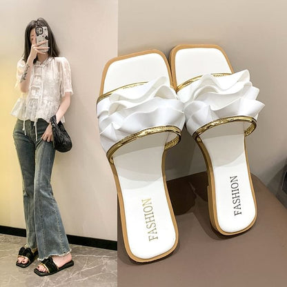Square Slide Sandals Toe Ruffle