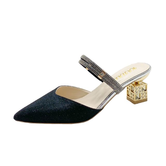 Rhinestone Pointed Mules Heel Block