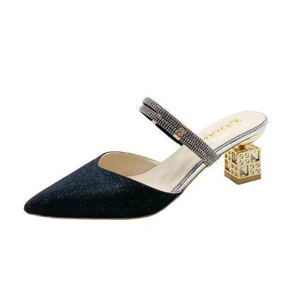 Rhinestone Pointed Mules Heel Block