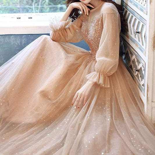 A-Line Long-Sleeve Dress Gown Evening / Sequin Mesh