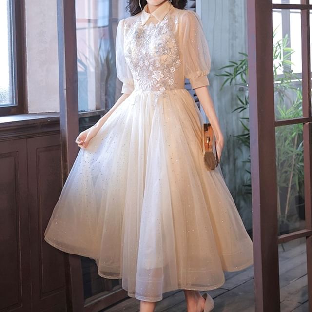 Floral Gown / Dress Evening A-Line Short-Sleeve Mesh